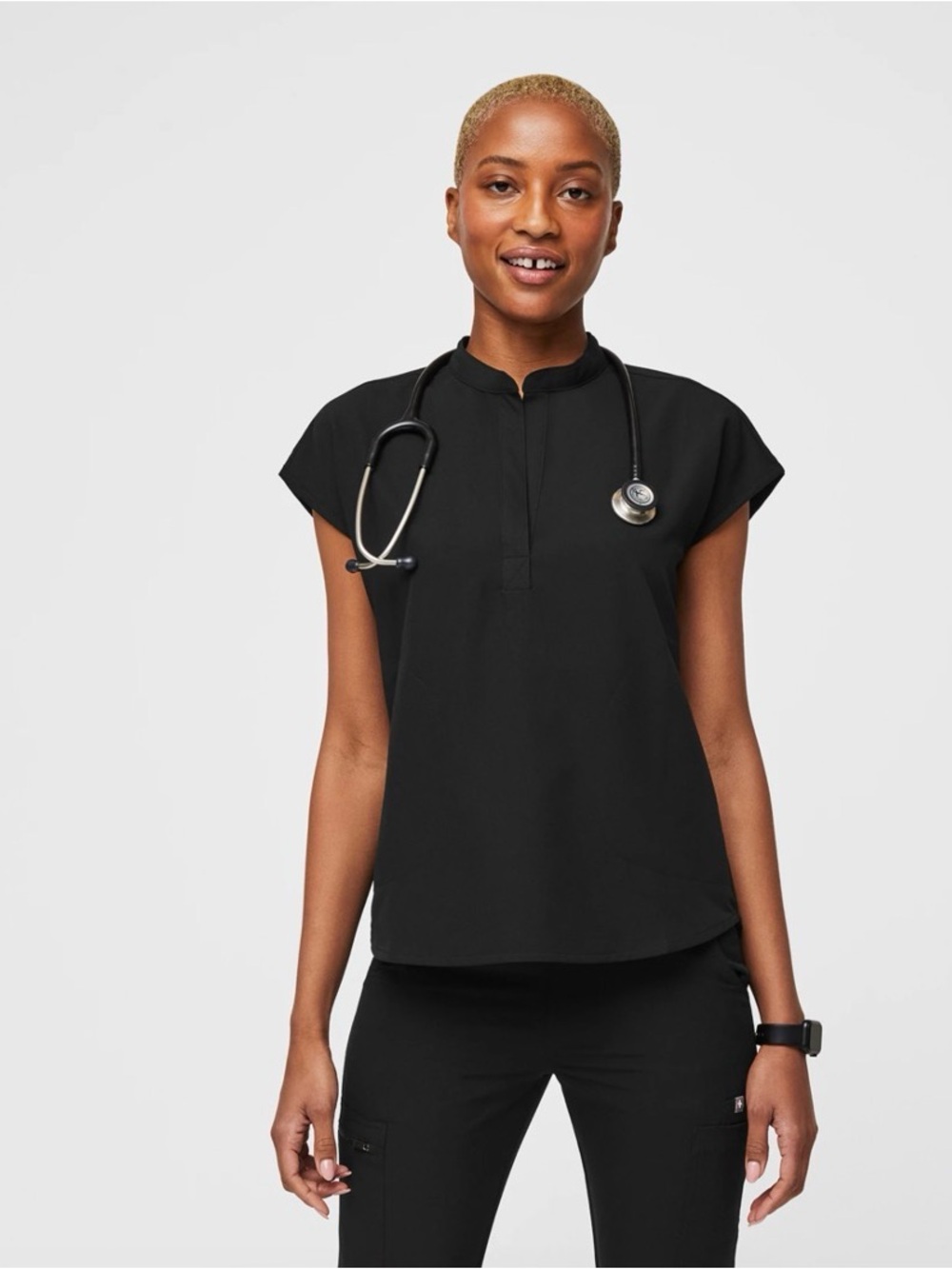 Figs Black Short-Sleeve Medical Top with Mandarin Collar